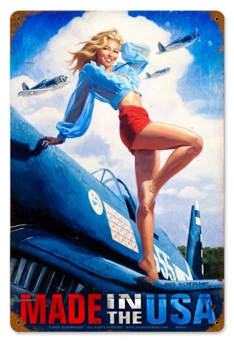 Vintage Made in the USA - Pin-Up Girl Metal Sign 12 x 18 Inches